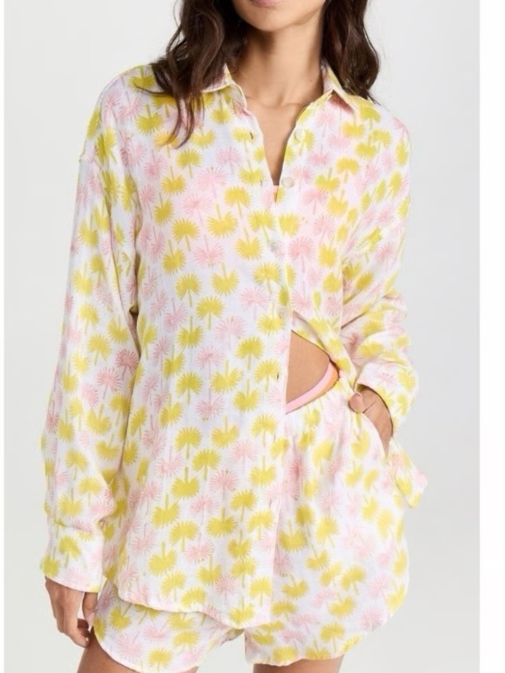 Marea apres beach cotton gauze button down shirt pink yellow floral print sz s